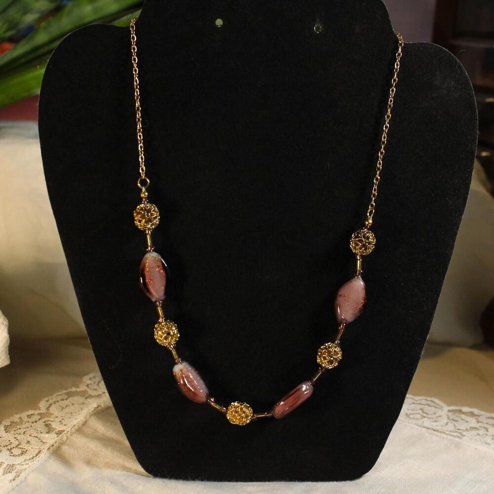 Fairycore dainty purple glass bead necklace with gold-tone filigree beads
